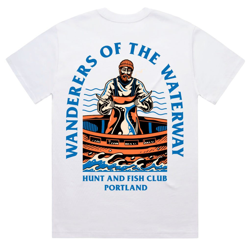 White crew neck t-shirt with a graphic print of a person in a boat on the front and the text 'WANDERERS OF THE WATERWAY Hunt & Fish Club Portland' on the back.